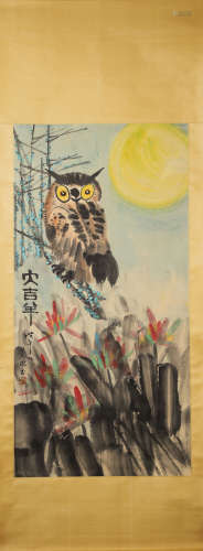 A Chinese hanging scroll painting of owl, Huang Yongyu mark