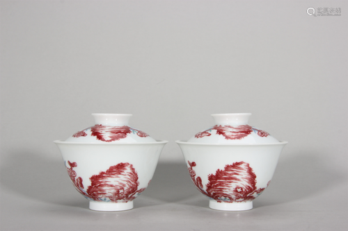 A pair of underglaze red flower patterned porcelain bowls,Qi...