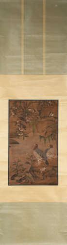 A Chinese bird-and-flower hanging silk scroll painting, Linc...