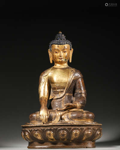 A painted gilding copper Sakyamuni statue,Qing Dynasty,China