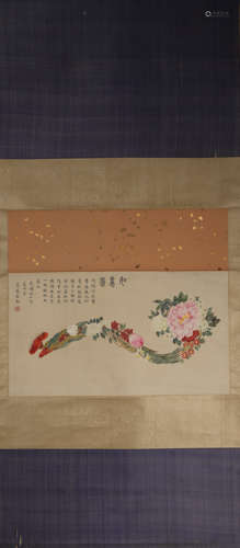 A Chinese hanging scroll painting of flower ruyi, Song Meili...