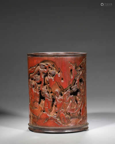 A figure carved bamboo brush pot,Qing Dynasty,China