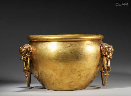 A gilding copper vat with beast head shaped ears,Qing Dynast...