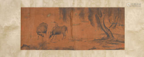 A Chinese silk scroll painting of cattle hearding, Maoyi mar...