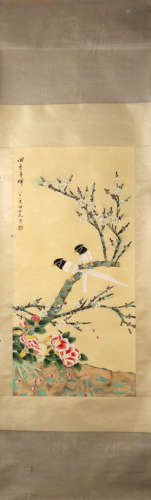 A Chinese bird-and-flower hanging scroll painting, Tian Shig...