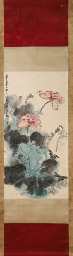 A Chinese hanging scroll painting of lotus pond, Yan Bolong ...