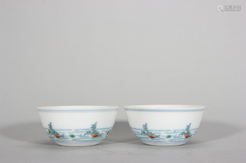 A pair of flower and water patterned doucai porcelain cups,Q...