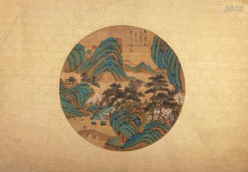 A Chinese landscape silk scroll painting, Dong Bangda mark,Q...