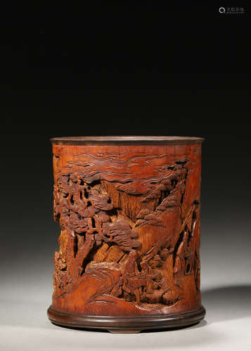 A figure carved bamboo brush pot,Qing Dynasty,China