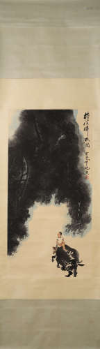 A Chinese hanging scroll painting of cattle, Li Keran mark