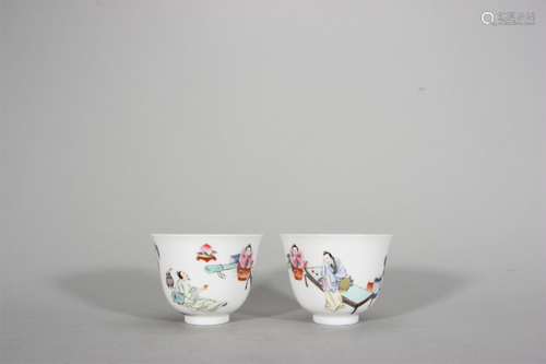 A pair of famille rose figure porcelain bell shaped cups,Qin...