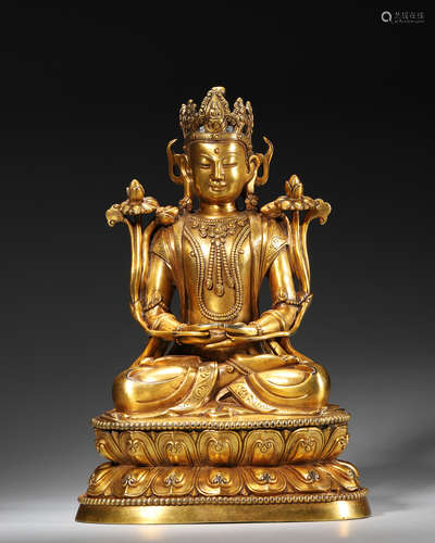 A gilding copper sitting Guanyin statue,Qing Dynasty,China