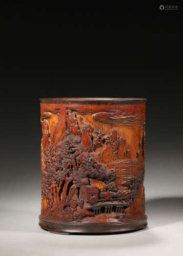 A landscape and figure carved bamboo brush pot,Qing Dynasty,...