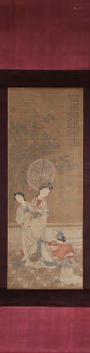 A Chinese silk scroll painting of figure, Jiao Bingzhen mark...