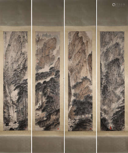 4 hanging scrolls of Chinese landscape painting, Fu Baoshi m...