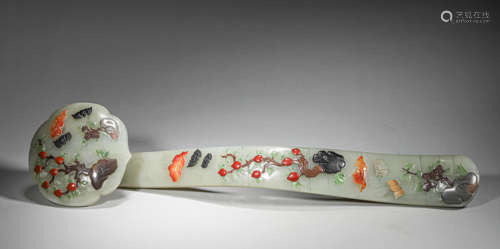 A gem-inlaid bat and peach jade ruyi,Qing Dynasty,China