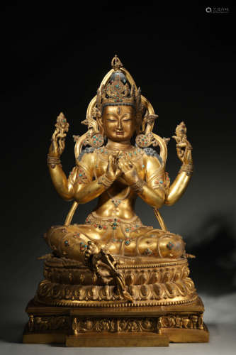 A gilding copper four-armed buddha statue,Ming Dynasty,China