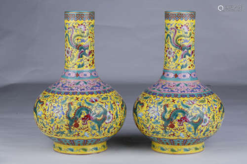 A Pair Of Yellow-Ground Famille Rose Dragon Vases