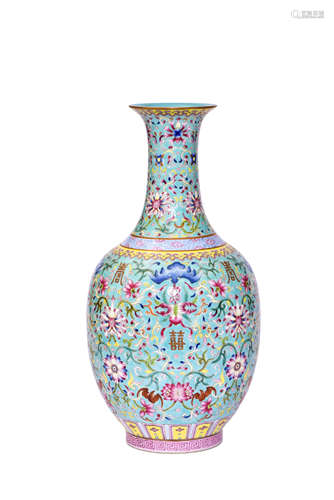 A Turquoise-Ground Famille Rose Wrapped Flower Vase