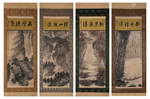 A Set Of Four Chinese Landscape Paintings, Hanging Scroll, F...