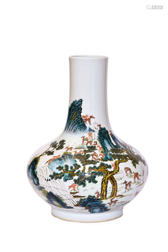 A Famille Rose Landscape Bottle Vase