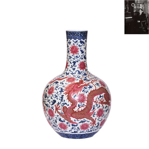 A Rouge-Red-Decorated Blue And White Dragon Vase, Tianqiupin...