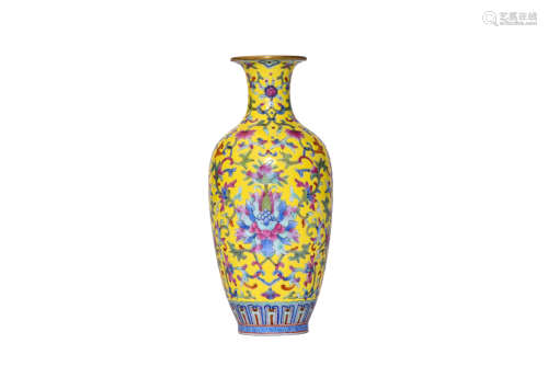 A Yellow-Ground Famille Rose Wrapped Lotus Vase