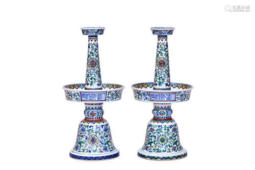 A Pair Of Doucai Wrapped Lotus Candlesticks