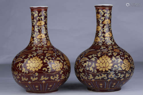 A Pair Of Fahua Wrapped Flowers Bottle Vases