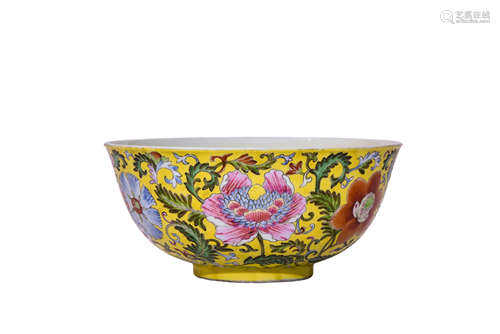 A Yellow-Ground Famille Rose Flower Bowl