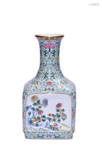 A Turquoise-Ground Famille Rose Flower Vase