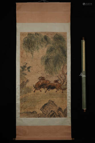 A Chinese Cattle Painting On Silk, Hanging Scroll, Zhao Meng...