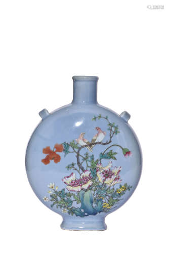 A Blue-Ground Famille Rose Vase