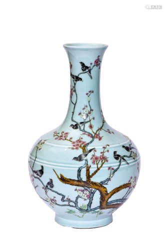 A Celadon-Ground Famille Rose Flower And Bird Vase