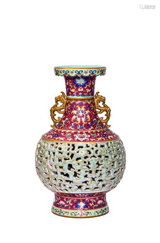 A Rouge-Red-ground Falangcai Kuilong Handled Vase