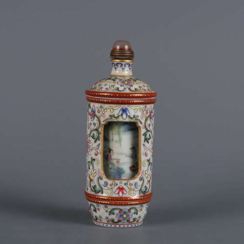 A Famille Rose Wrapped Lotus Reticulated Revolving Snuff Bot...