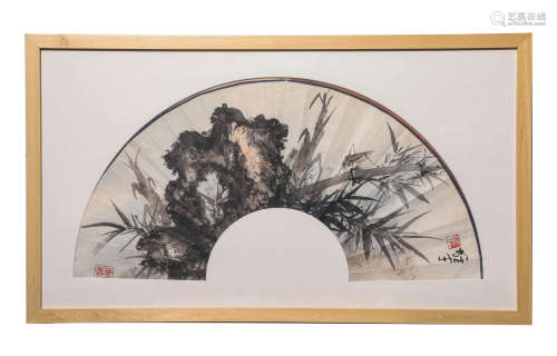 A Chinese Flower And Bird Painting On Paper, fan leaf, Frame...