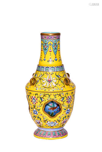 A Yellow-Ground Famille Rose reticulated Revolving Vase