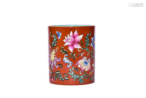 A Red-Ground Famille Rose Flower Brushpot