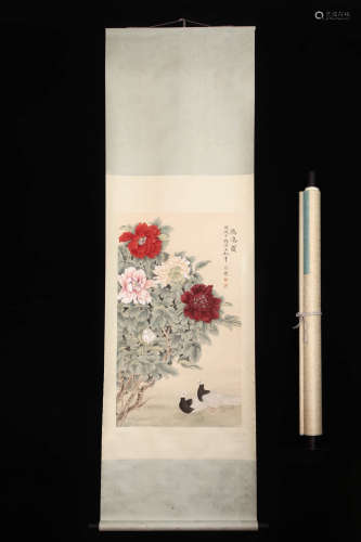 A Chinese Flower And Bird Painting On Paper, Hanging Scroll,...