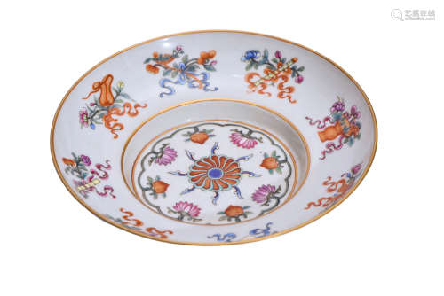A Turquoise-ground Famille Rose Eight Treasures Dish
