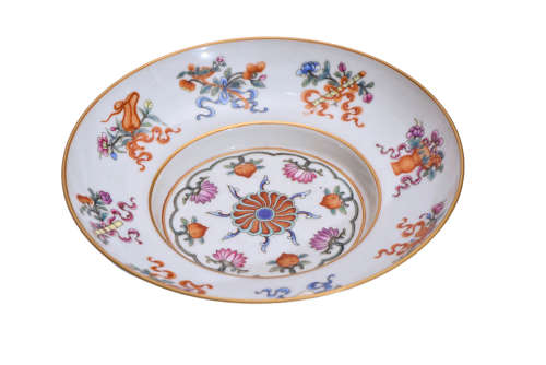 A Turquoise-ground Famille Rose Eight Treasures Dish