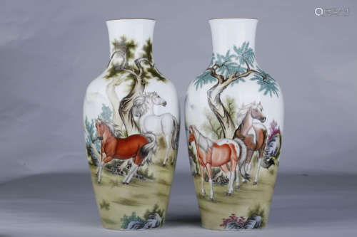 A Pair Of Famille Rose Horse Rouleau Vases