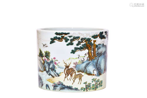 A Famille Rose Deer Brushpot