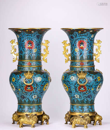 A Pair of Cloisonne Enamel Interlock Branches Vases