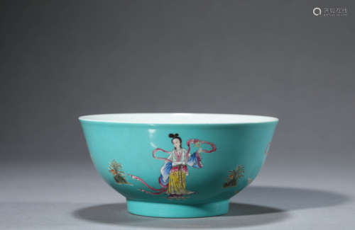 A Porcelain Turquoise-Ground Famille-Rose Bowl