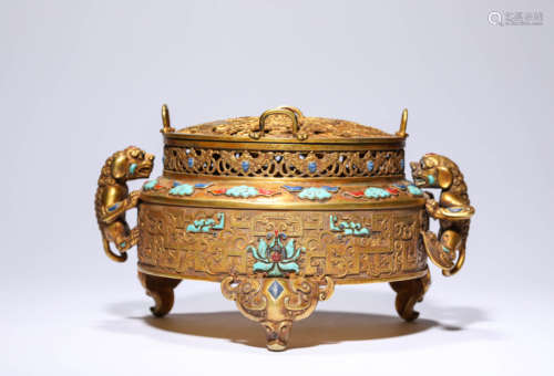 A Gilt-Bronze Phoenix and Dragon Censer