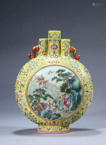 A Porcelain Yellow-Ground Famille-Rose Story Vase