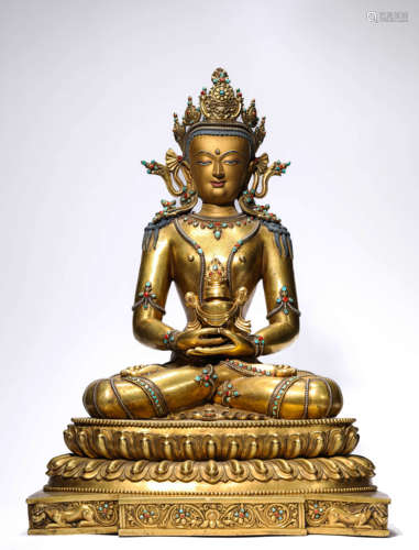 A Tibetan Silver Inlaid Amitayus Statue