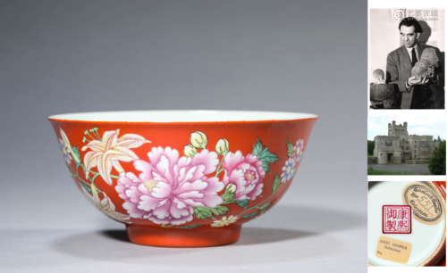 A Porcelain Coral-Ground Famille-Rose Bowl